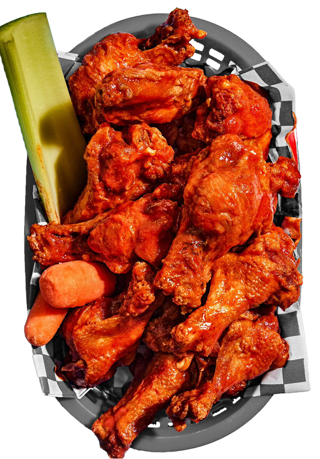 Birds eye shot of a wing basket and a piece of celery